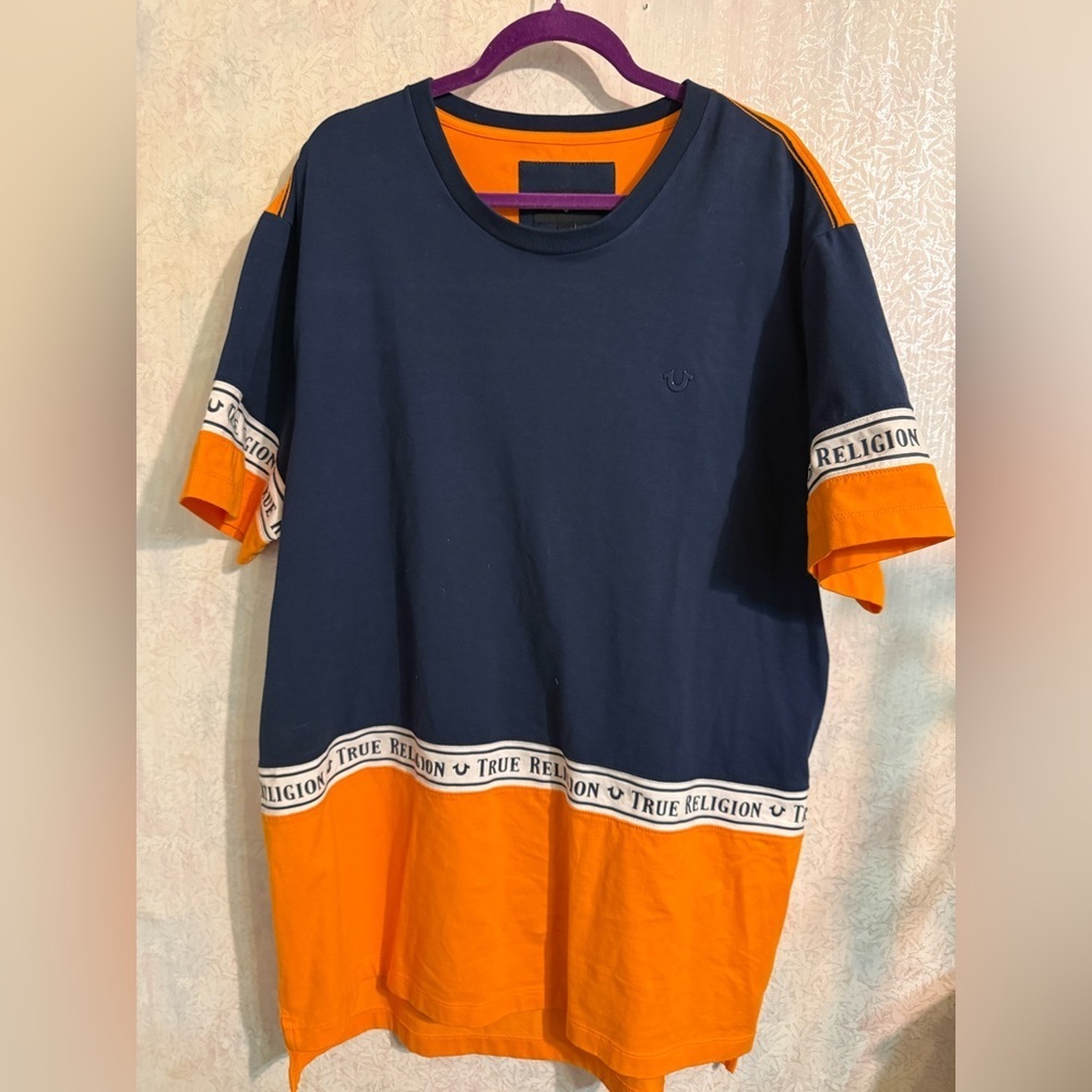 True Religion Mens‎ Colorblock Panel Tee, 98% Cotton, Navy And Orange 3XL